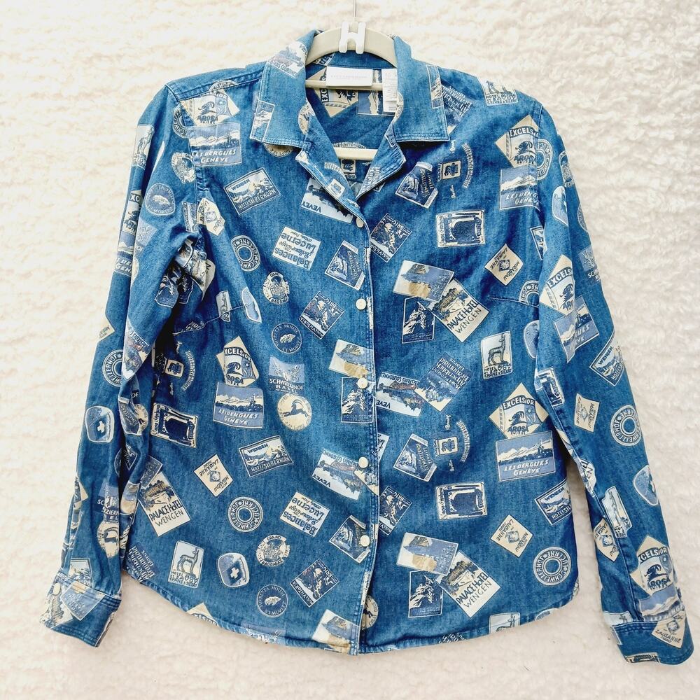 Blouse Button Up Blue Travel Postcard Stamp Europe Resort Cruise Heritage Size S
